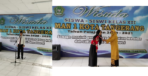 Kepala MAN 1 Kota Tangerang, Bpk H. Ali Purqoni , dalam sambuatannya serta Kaur TU sedang Mengalungkan Medali kepada wisudawan